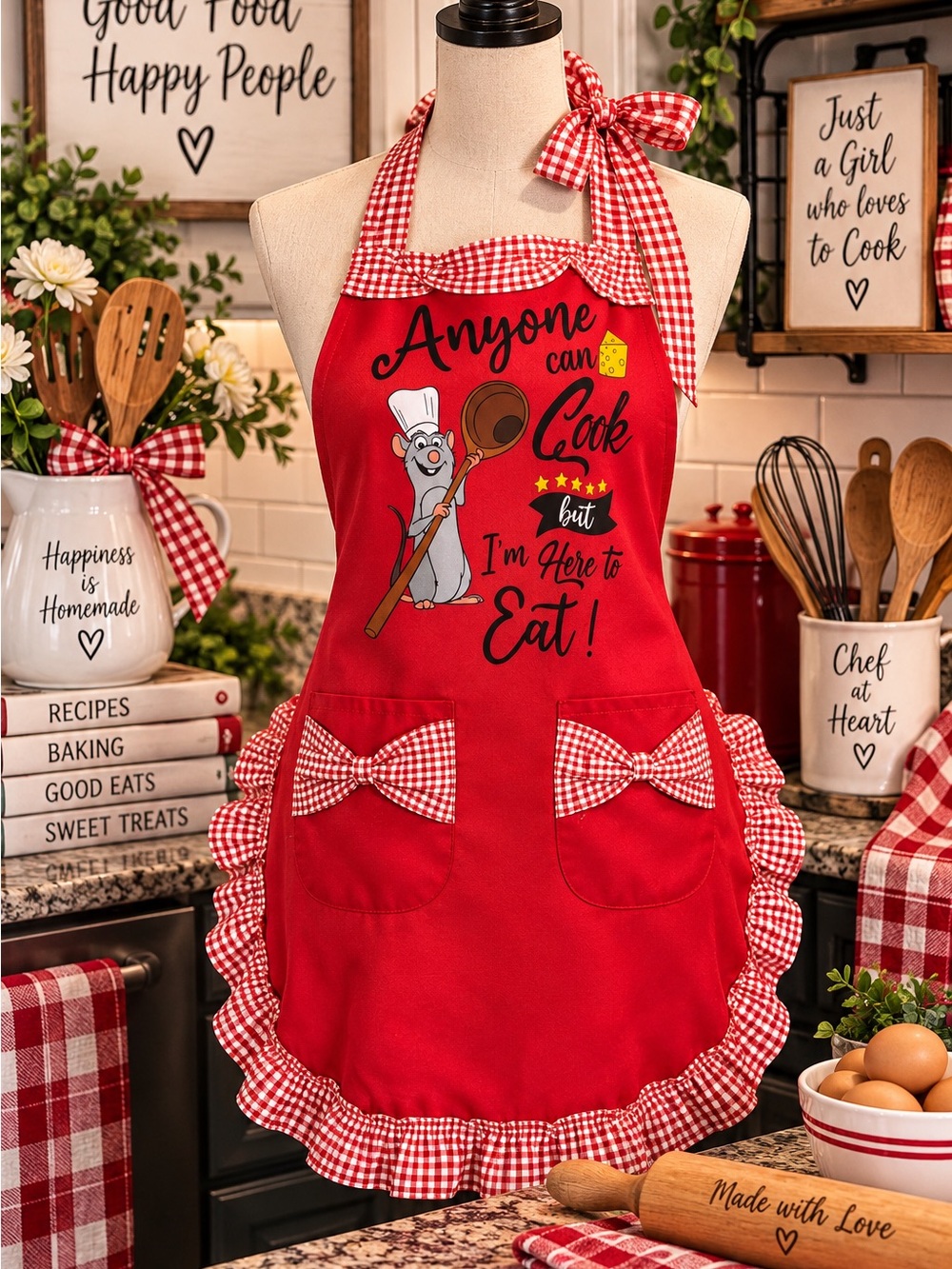 Red Ruffle Kitchen Apron - Anyone Can Cook Design